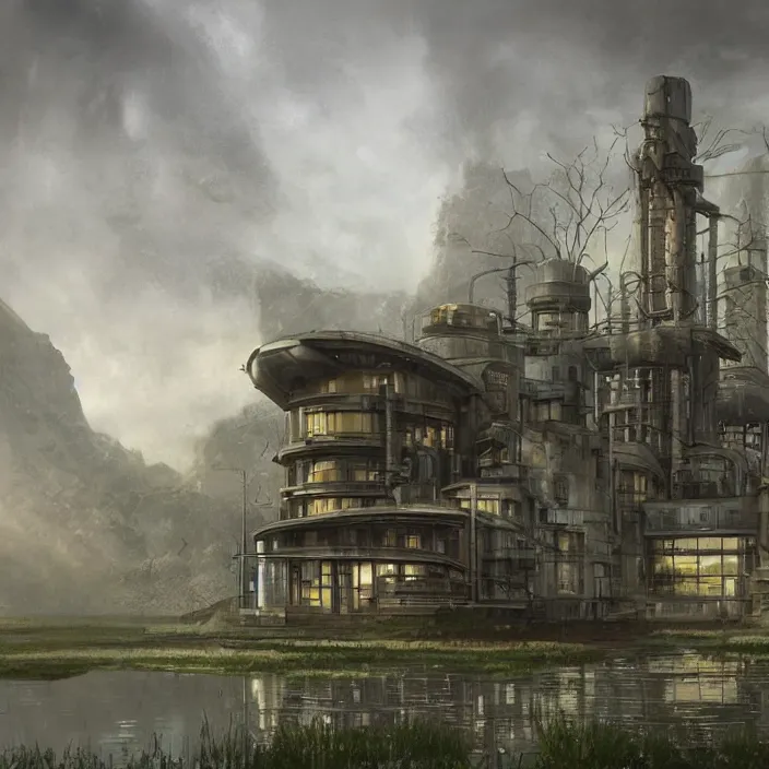 Image similar to a building in a serene landscape, dieselpunk