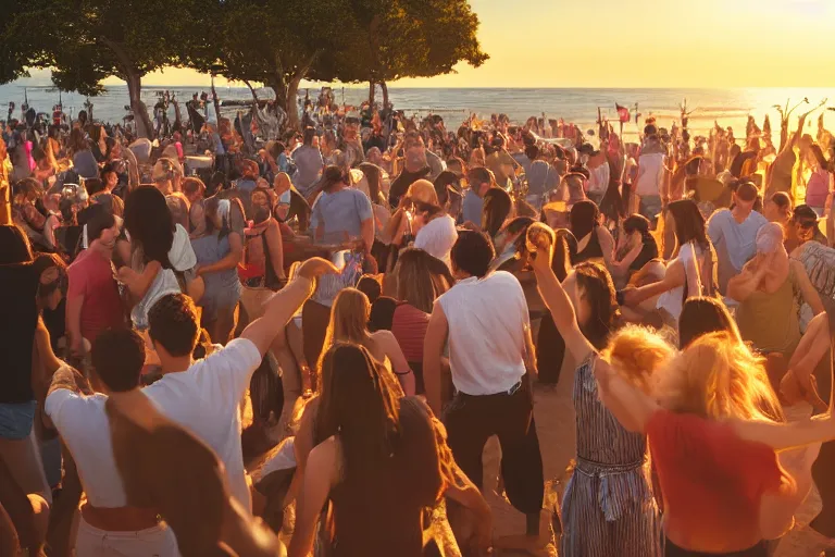 Prompt: everyone dancing at a party at the beach, drinking, food, bar, music, praising the sun, golden hour, cinematic, atmospheric, 8k resolution, Hyperrealistic