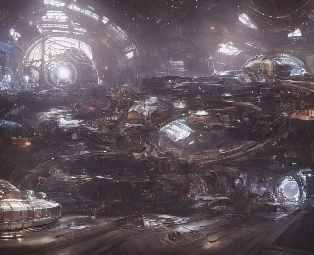 Image similar to the inside of a futuristic mechanic spaceshop, spaceship being repaired, highly detailed interior, holographic screen in center frame by peter mohrbacher and craig mullins, dieselpunk, cyberpunk, firefly, star citizen, cryengine render, hyper realism, realistic shading, cinematic composition, realistic render, octane render, detailed textures, photorealistic