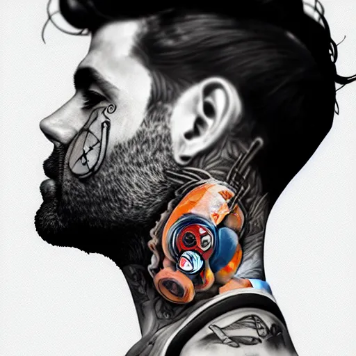 Image similar to a profile photo of a man with underwater oxygen mask and a cylinder on back with tattoos on arm and neck, side profile in underwater, highly detailed, digital painting, artstation, illustration by Sandra Chevrier