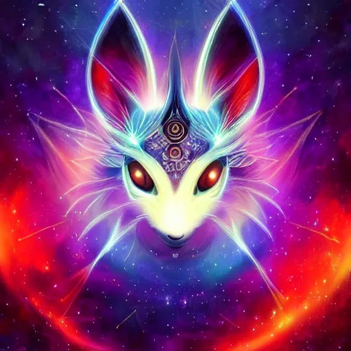 Image similar to geometric symmetrical flareon with galaxy eyes in space, nebula in the background, intricate, elegant, highly detailed, digital painting, artstation, concept art, smooth, sharp focus, illustration, art by artgerm