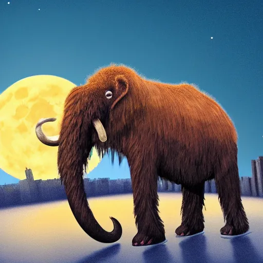 Prompt: a digital painting of a giant wooly mammoth entering new york at dawn with the giant moon in the horizon.