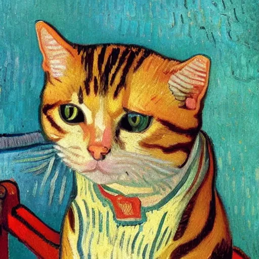 Prompt: painting of a cat on a chair, by Van Gogh