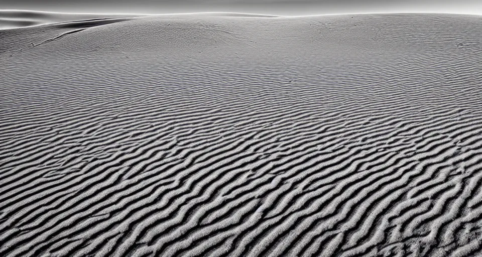 Image similar to the desert is cold that morning as the rough dirt transitions unnaturally to sand. as the light rises the edges of the dunes glow blueish, the sunlight twisted and refracted.