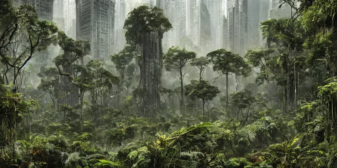 Prompt: An overgrown, swampy Sao Paulo. Buildings covered in vines, gigantic tropical rainforest trees and ferns from the ground. Crumbled ruins of skyscrapers and other buildings in a post-apocalyptic world. Life after People. Trending on Artstation, deviantart, worth1000. By Greg Rutkowski. National Geographic and iNaturalist HD photographs