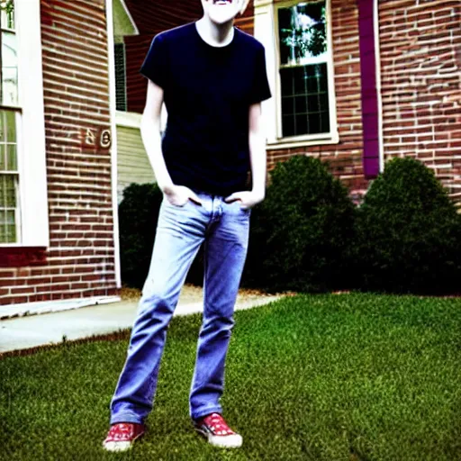 Image similar to bo burnham outside of his house, smiling and dancing