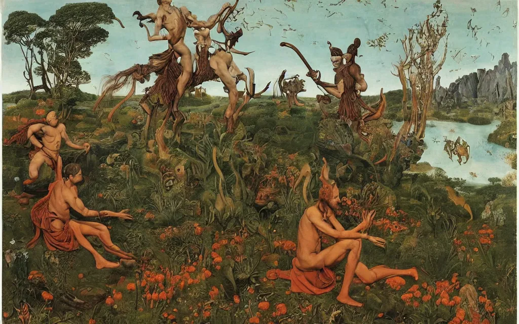 Image similar to a portrait photograph of a meditating satyr and a centaur monk riding a rocket machine and hunting at a river delta. surrounded by bulbous flowers and trees. mountain range under a blue sky of fiery stars. by jan van eyck, max ernst, ernst haeckel, ernst fuchs and artgerm, cgsociety, fashion editorial, 8 k