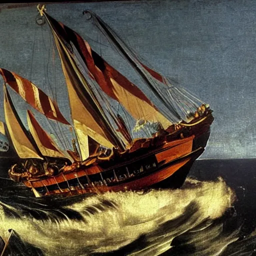 Prompt: Kraken pulling steam boat into the sea. painted by caravaggio. High quality.