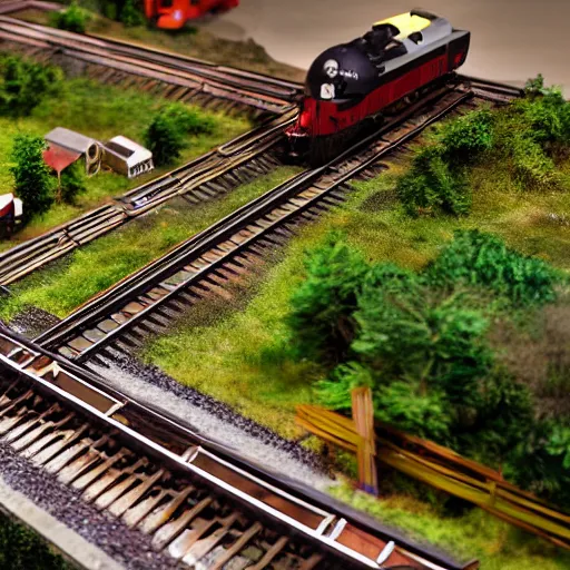 Image similar to a detailed photo of a railway diorama, zoom, model trees, table, studio lighting