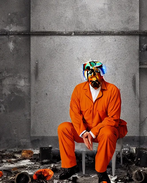 Prompt: a head and shoulders portrait of Donald trump wearing a orange jumpsuit, sitting on the floor of a filthy rat infested concrete jail, dimly lit, volumetric lighting, in jail by craig mullins and Annie Leibowitz, octane, 8k,