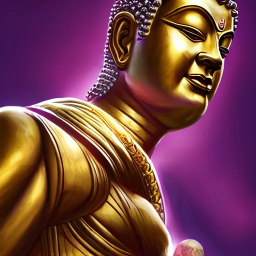 Image similar to Gautama Buddha as Thanos, gta 5 cover style, highly detailed, digital painting, Trending on artstation , HD quality, by Glenn Rane and Samwise Didier, dramatic light, octane