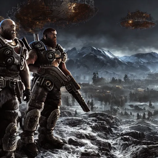 Image similar to Bob Ross in Gears of War, gloomy unreal engine 5 render