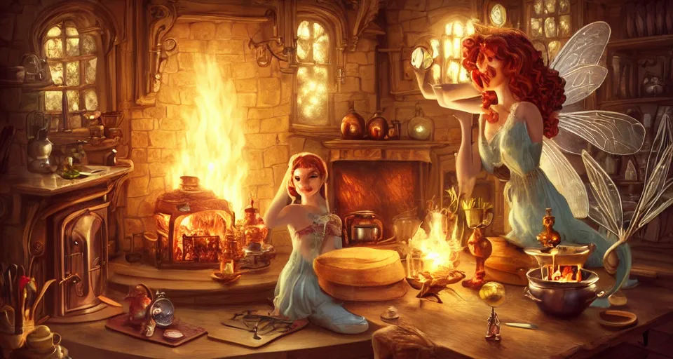Image similar to a close - up of a fairy in a vintage magical kitchen, with a fireplace in the background d & d, fantasy, intricate, elegant, sticker illustration, artstation, concept art, smooth, sharp focus