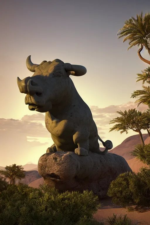 Prompt: an endless desert landscape with lush vegetation in the style of michelangelo with a stone statue of a bull placed in the middle of the foreground, raytracing, 8 k, octane render, volumetric, vivid, beautiful, hyperrealism