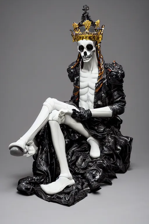 Image similar to full-body baroque and cyberpunk style neon and ceramic statue of a young attractive (slender muscular Spanish macho bem dotado) e rico android ((sim roupa)) reclining (con pernas aberta e piroca dura) leite, glowing (((white laser))) eyes, prince crown of iridescent skulls, ruby, swirling gold-colored silk fabric. futuristic elements. full-length view. space robots. human skulls. intricate artwork by caravaggio. Trending on artstation, octane render, cinematic lighting from the right, hyper realism, octane render, 8k, depth of field, 3D