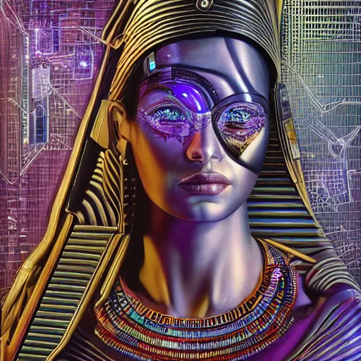 Prompt: a hyper realistic wide angle view of an Ancient Egyptian cyberpunk goddess, by Alex Grey, dark rainbow, fractalism, motherboard circuitry, surrealism, high definition, photorealism, bokeh