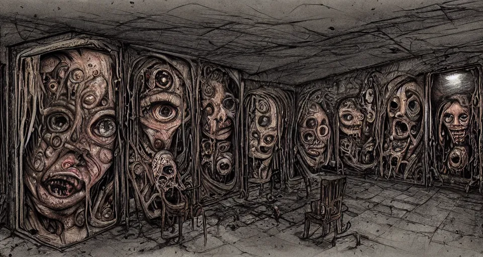 Prompt: a room with walls made from human faces, by david lapham, hand drawn, gritty, body horror, dark colors, trending on artstation, ultra high detail