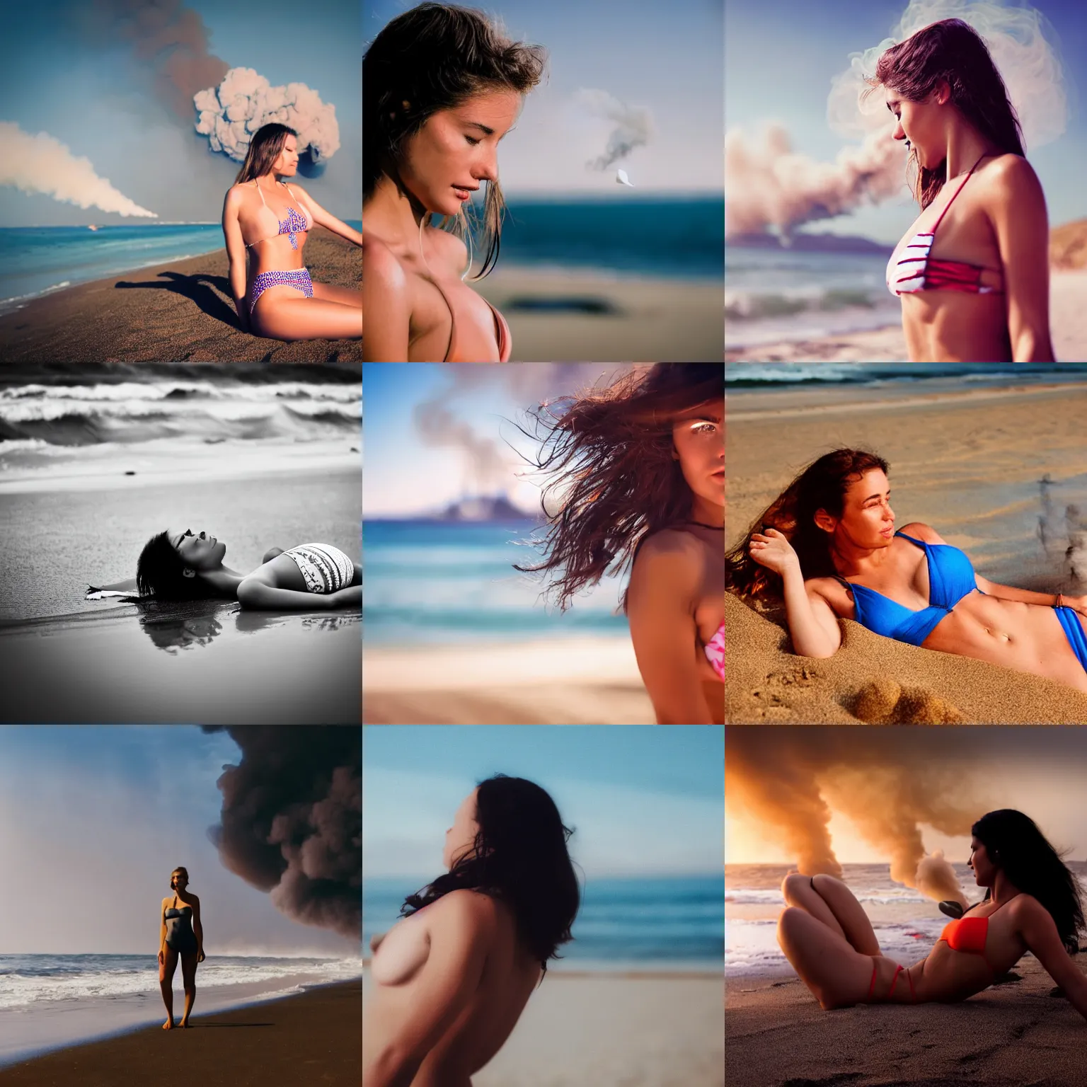 Prompt: close-up woman in bikini lying at beach, blurry plume smoke at background, photo realistic, still cinematic, bokeh