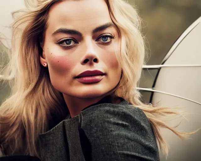 Image similar to a photo of margot robbie sitting on a flying helicopter, hyper realistic face, beautiful eyes, cinematic, long shot, hyper detailed, 8 5 mm photograph, 8 k resolution, film still, sharp lens, wide lens