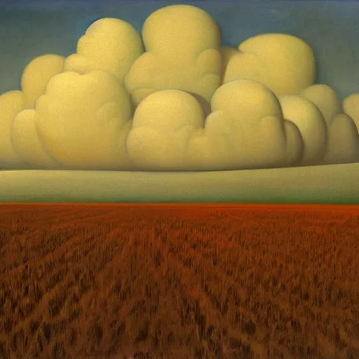 Image similar to the clouds of fear by Grant Wood, oil on canvas