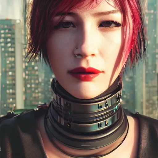 Image similar to detailed realistic female character cyberpunk wearing thick steel collar around neck, realistic, art, beautiful, 4K, collar, choker, collar around neck, punk, artstation, detailed, female, woman, choker, cyberpunk, neon, punk, collar, choker, collar around neck, thick collar, choker around neck, wearing choker, wearing collar,