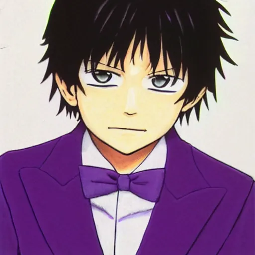 Image similar to pale little boy wearing a purple suit, artwork by eiichiro oda