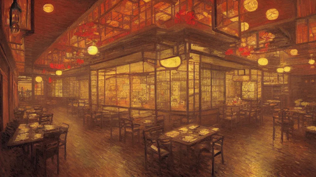 Image similar to cozy Japanese restaurant interior at night, trending on Artstation, Claude Monet painting, hyper detailed, award-winning, picturesque, visually stunning