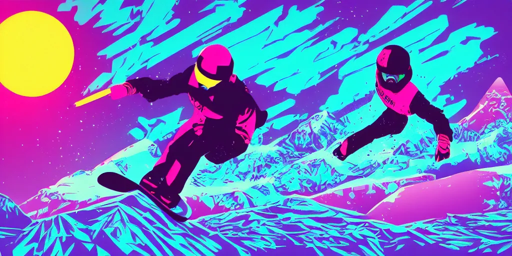Image similar to vaporwave, vector graphics, synthwave, neon, vader snowboarding