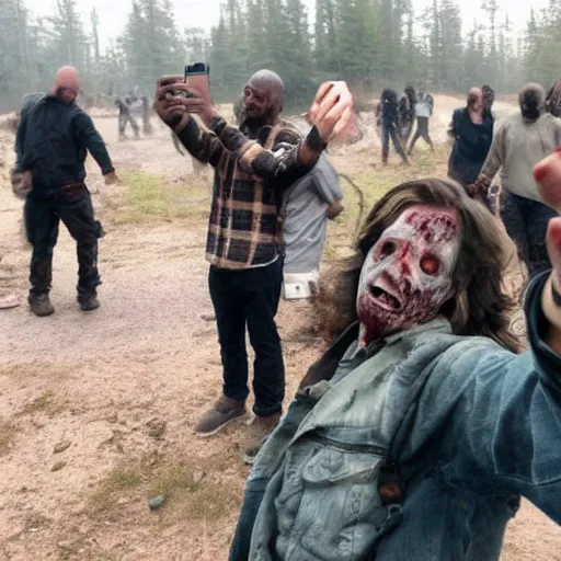 Image similar to a man taking a selfie in a zombie apocalypse