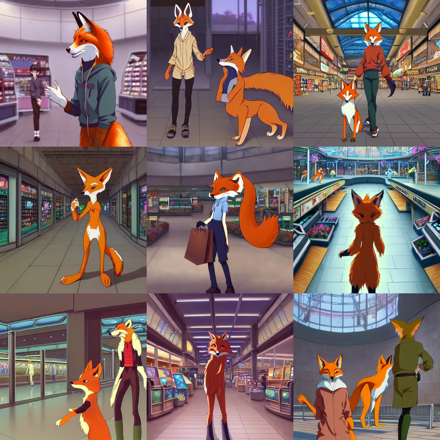 Prompt: anthro art commission of an anthropomorphic natural furry ( ( fox ) ) person shopping at a futuristic mall, photorealistic, detailed key anime art, makoto shinkai, james gurney, don bluth, disney!!!!, hibbary, dark natasha, goldenwolf, furaffinity, fursona, greg rutkowski