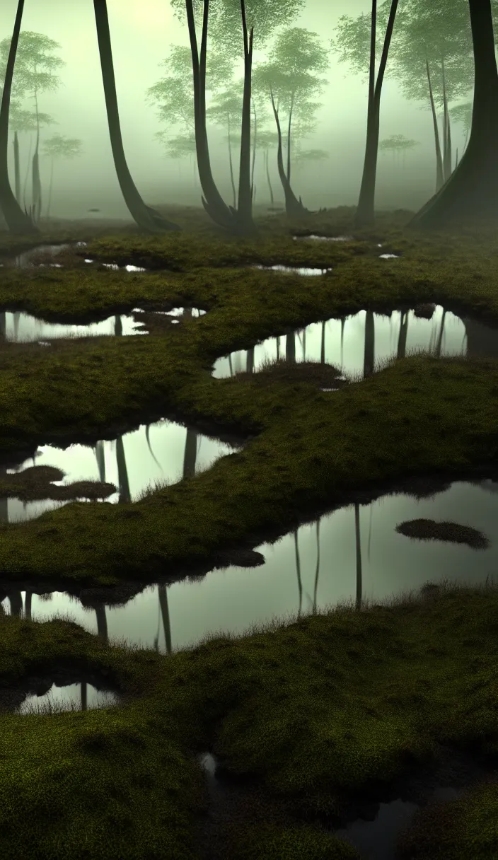 Prompt: bubbling peat bog from which grow lush carnivorous plants, murky water, reflections, contrasting light, attention to detail, dark and dramatic atmosphere of prehistoric life, volumetric fog, raytracing, back light, raymarching, by ilm, by digital domain, by weta digital