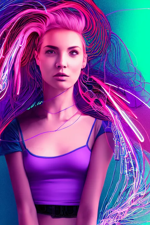 Image similar to a award winning half body portrait of a beautiful woman with stunning eyes in a croptop and cargo pants with ombre purple pink teal hairstyle and hands in pockets by thomas danthony, surrounded by whirling illuminated lines, outrun, vaporware, shaded flat illustration, digital art, trending on artstation, highly detailed, fine detail, intricate