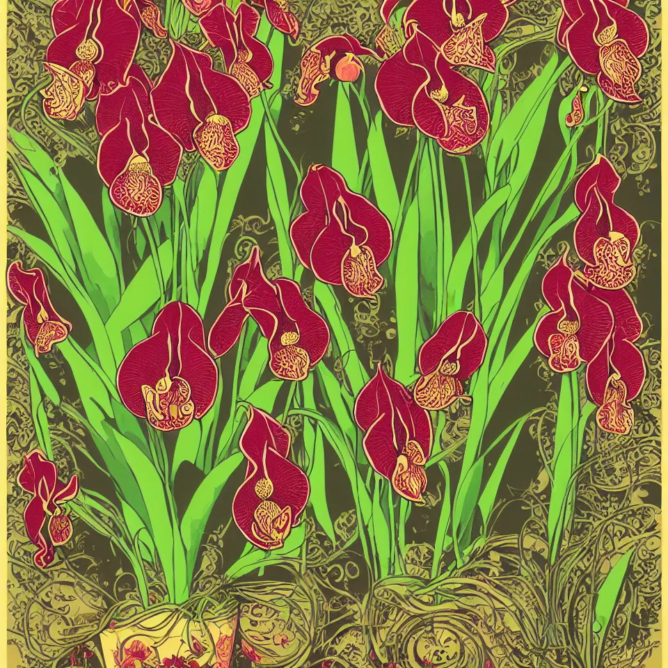 Prompt: colorful print of paphiopedilum ground orchids bunched botanical artwork, multicolor lino block print with vignettes, created by mike mignola, greg hildebrandt, banksy in the style of painting toon shades, colorful ink, vibrant, pastel, color vector, smooth curves, graphical, detailed, trending in art station
