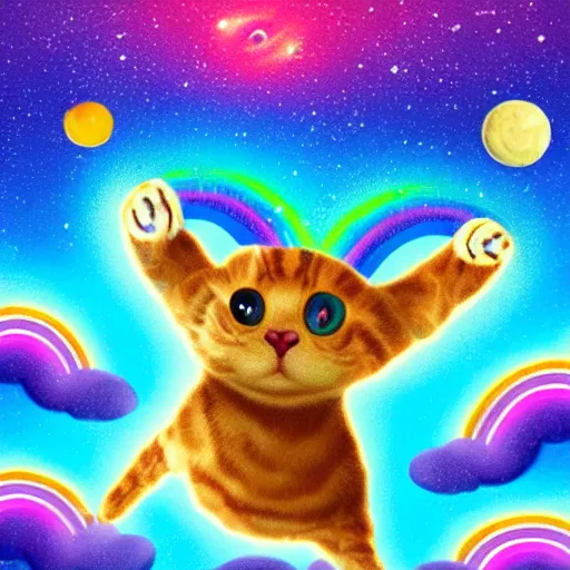 Prompt: cat with a poptart body flying through space pooping rainbows