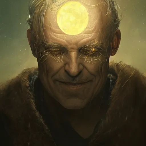 Prompt: close detail portrait old male ginning with musical rune face Tattoos, mystical, digital fantasy art, hands straight down, float under moon light at night, at late evening by greg rutkowski and thomas kinkade, Trending on artstation