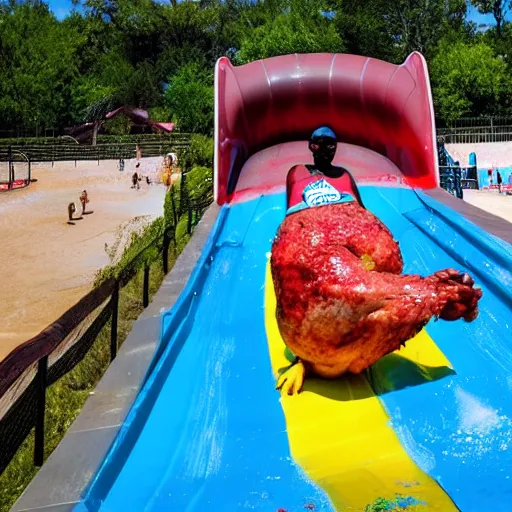 Image similar to photo of an enormous raw chicken emerging from the bottom of a waterslide at a water park on a sunny day in the style of a coca cola ad