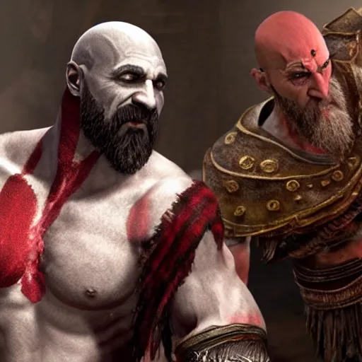 Image similar to kratos from god of war high fiving gus fring