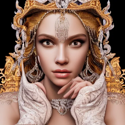 Image similar to portrait of pretty princess with perfect skin, glowing, ornate and intricate diamond jewelry, jaw dropping beauty, ornate and intricate backdrop, white accent lighting, hyper detailed, 4 k octane render