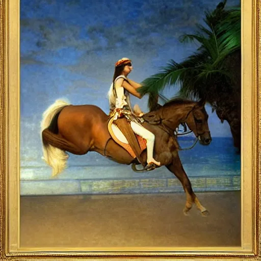 Image similar to Girl riding a horse leaving the palace through the bridge, thunderstorm, pool, beach and palm trees on the background major arcana sky, by paul delaroche, alphonse mucha and arnold böcklin arnold böcklin hyperrealistic 8k, very detailed