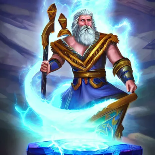 Prompt: Zeus with white beard and hair, lightning bolt in Zeus's hand, hearthstone art style, epic fantasy style art, fantasy epic digital art, epic fantasy card game art