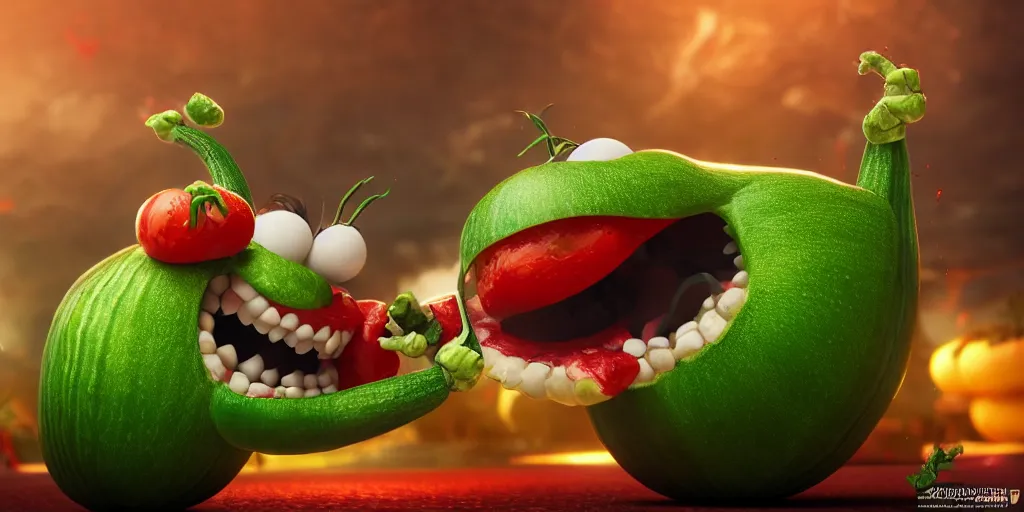 Image similar to detailed 3 d render of a furious zucchini character with bulging muscles attacking a timid tomato, high speed action, martial arts, explosions, blood, dramatic scene, hyper realistic octane render, cinematic lighting, deviantart, pop - surrealism, lowbrow, frame from pixar movie