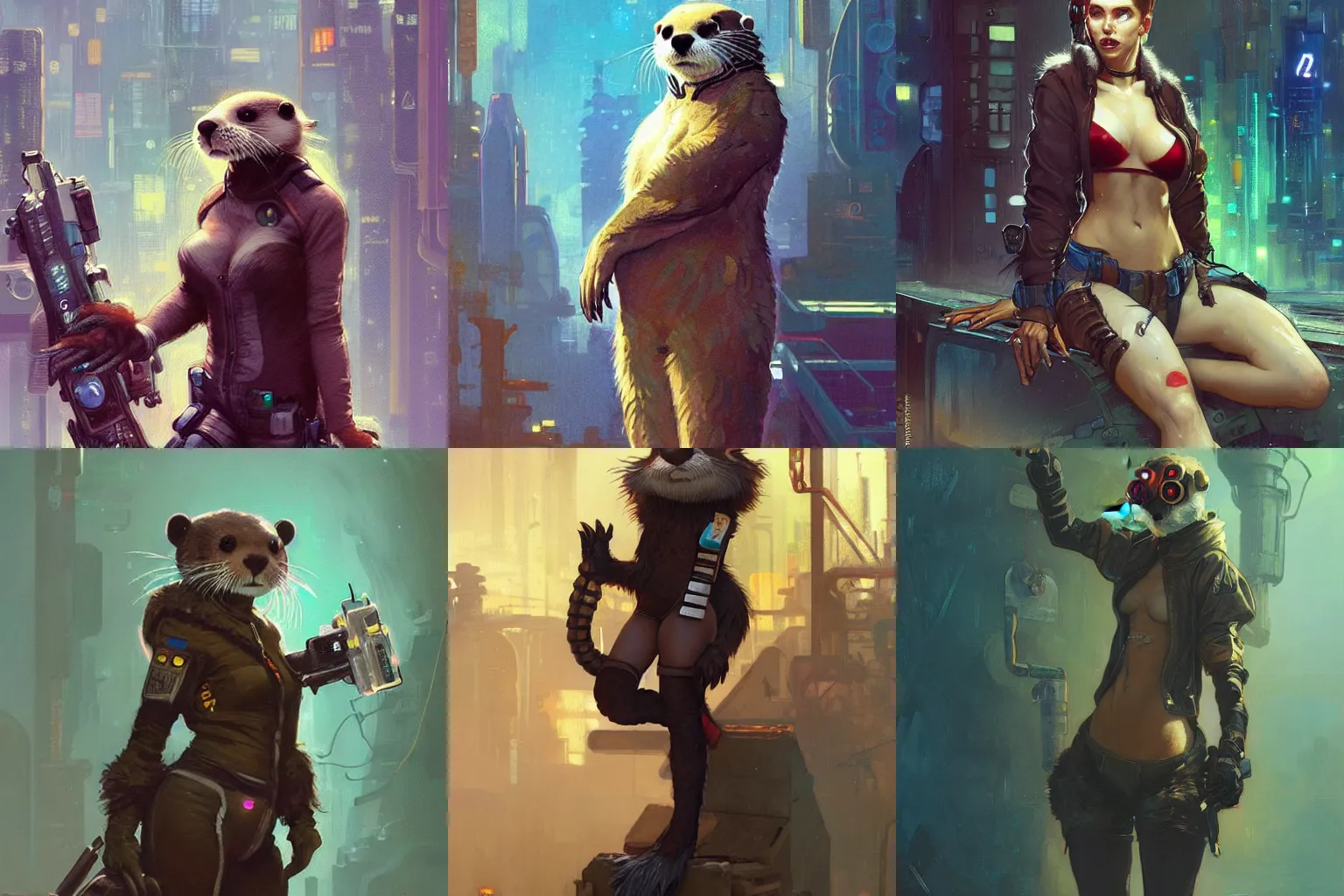 Prompt: female anthropomorphic furry otter character in cyberpunk clothes. Renowned character illustration by greg rutkowski, thomas kindkade, alphonse mucha, loish, norman rockwell. Trending on artstation.