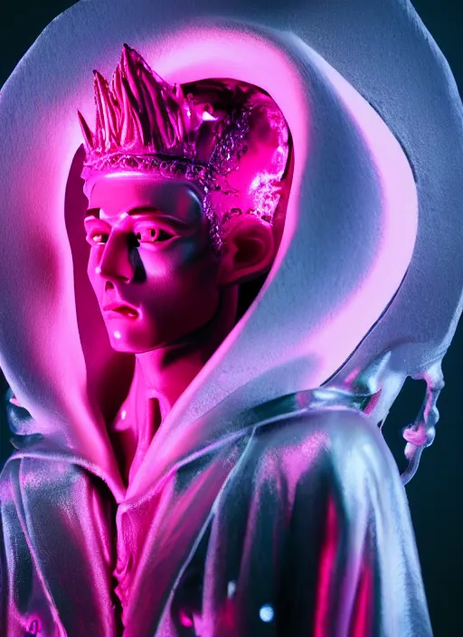 Image similar to photo of baroque and bladerunner delicate neon ruby sculpture of seductive ceramic albino king xavier serrano delicious pink iridescent humanoid deity wearing black fluffy hoody holding diamond skull in a black metallic dungeon, reclining, glowing rainbow face, crown of white diamonds, cinematic lighting, photorealistic, octane render 8 k depth of field 3 d