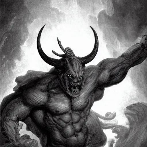 Image similar to full body, grayscale, James Daly, Gustave Dore, muscled humanoid balrog demon, horns, claws, large horned tail, heroic pose, swirling flames