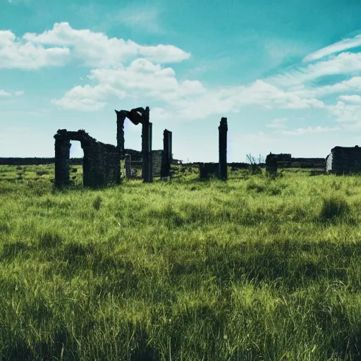 Prompt: grasslands, ( ( ruins ) ) small town!!!!!!, [ 4 k photorealism ]!!!, trending on unsplash, intricate, zoomed out photography