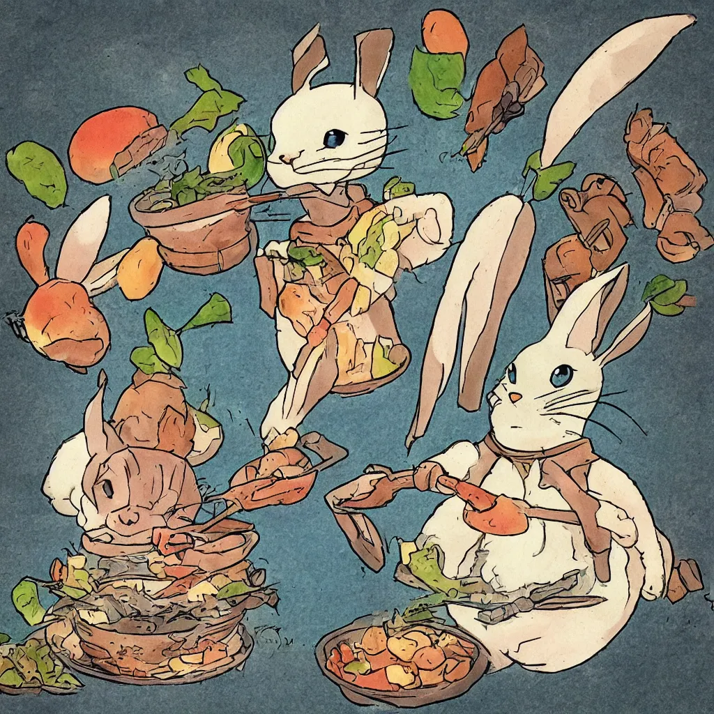 Image similar to a rabbit cooking in the style of studio ghibli