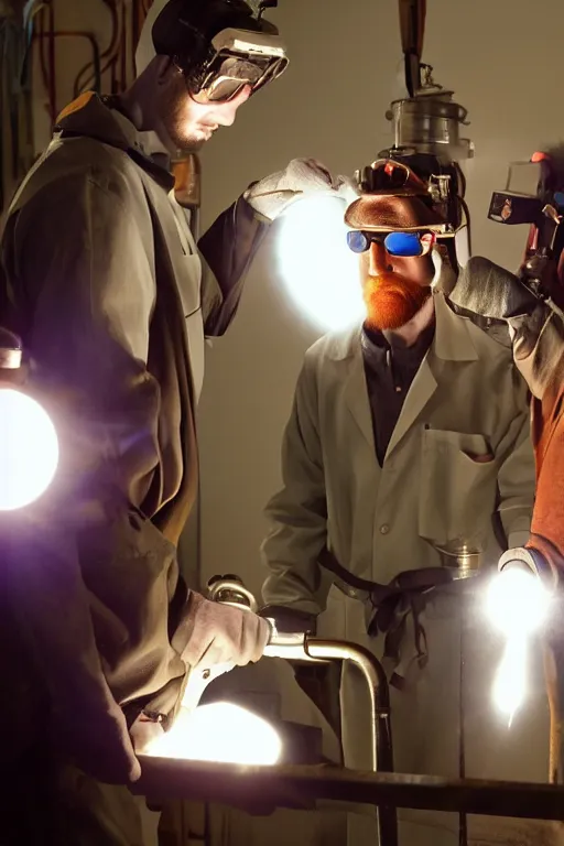 Image similar to a person with 3 eyes, person with a 3rd eye in the middle of their forehead, an awkwardly tall scientist with 3 eyes and a tangled beard and unruly red hair atop his balding head wearing a headlamp a labcoat and welding goggles and holding a beaker, led headlamp, high resolution film still, movie by Ivan Reitman