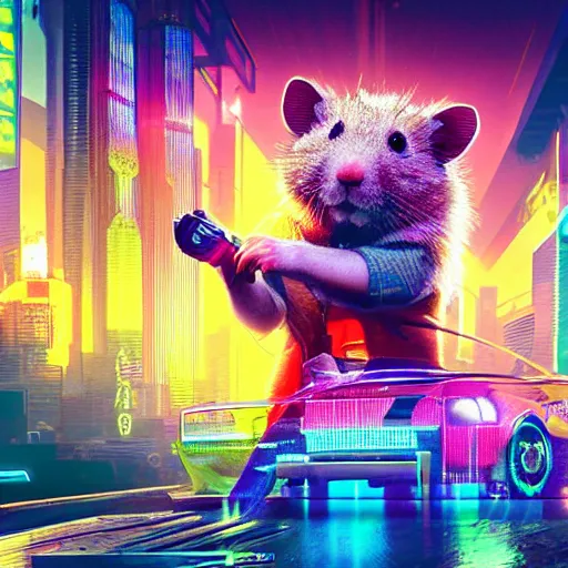Prompt: hamster with rainbow fur in the style of cyberpunk 2 0 7 7, 8 k, hd, light reflection