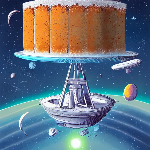 Prompt: a highly detailed illustration of a cake in space, artstation
