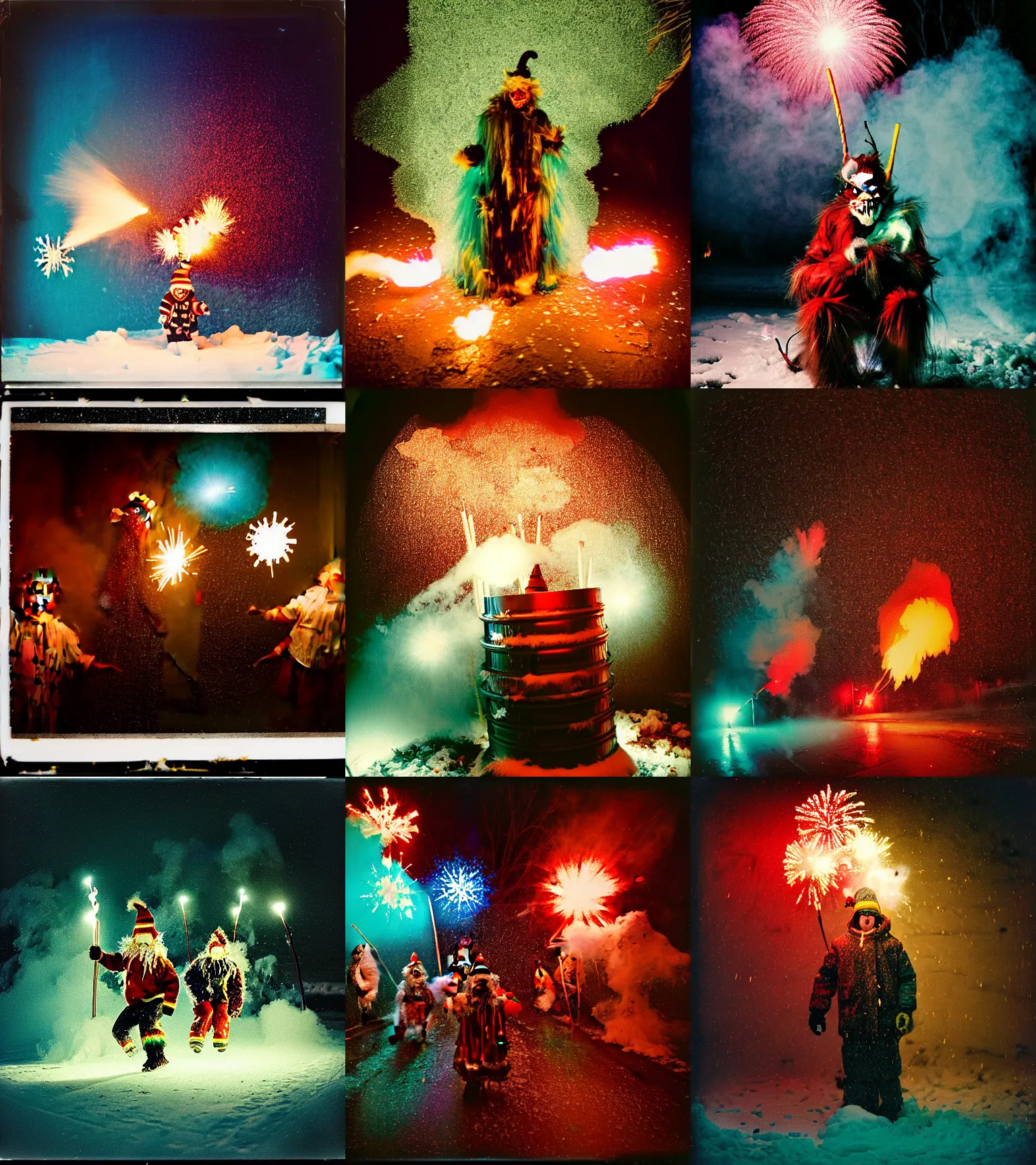 Image similar to kodak portra 4 0 0, wetplate, winter, snowflakes, rainbow coloured rockets, chaos, glitter tornados, award winning dynamic photo of a bunch of hazardous krampus between exploding fire barrels by robert capas, motion blur, in a small pantry at night with colourful pyro fireworks and torches, teal lights